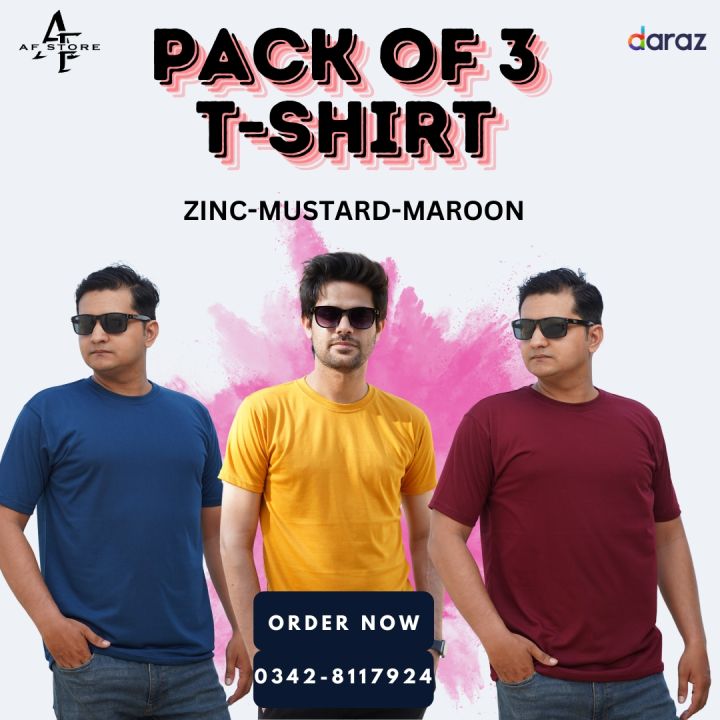 PACK OF 3 PLAIN T-SHIRT ZINC-MUSTARD-MAROON | Daraz.pk