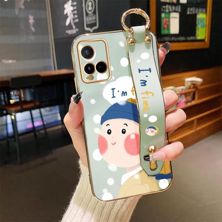 YIWESAN For vivo y12a Case With Wristband Fashion Cartoon Spoof Girl New Design Thin Shockproof Phone Case Pattern Plating Silicone Casing Full Cover Camera SoftCase Protection Cases
