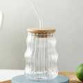 Ribbed & Round Glass Sipper with Glass Straw, Tumbler Can Lid Ribbed Square Glass Mug with Straw, Mason Jars With Cover, Mug for Fruit Juice Milk & Coffee Mug.. 