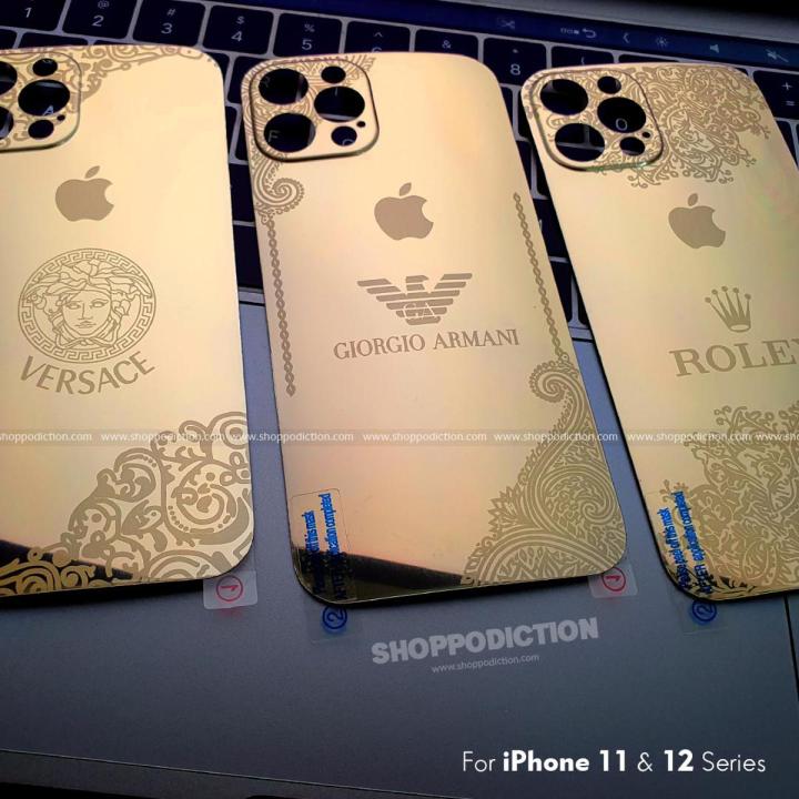 iPhone Golden Stylish Back temper protector Gucci VERSACE LV PINORO HEMORO Design For iPhone 11 pro Daraz.pk