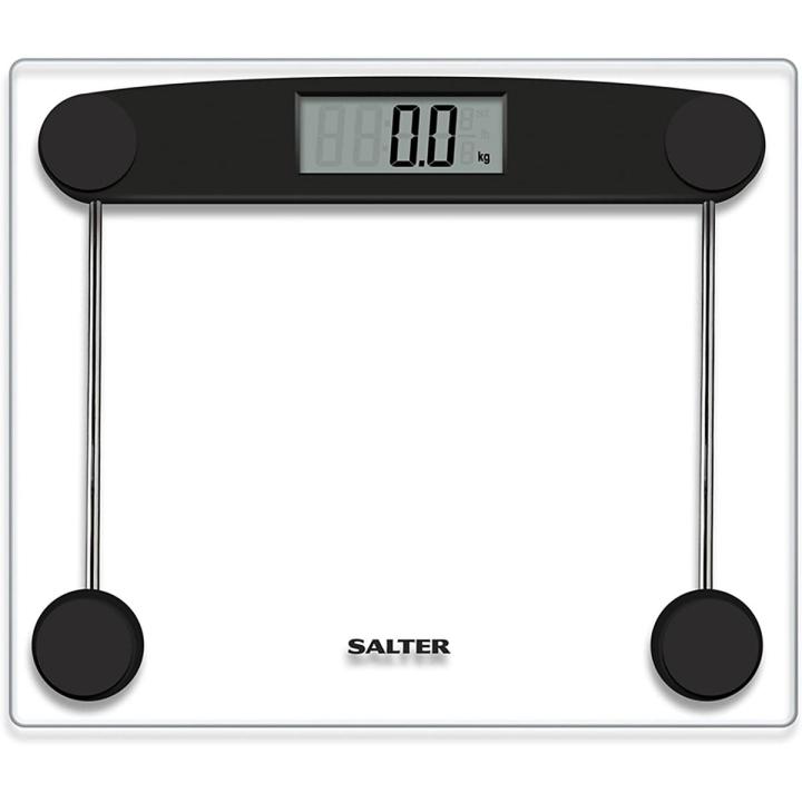 Salter 9208 BK3R Compact Glass Electronic Scale, Bathroom, 180 Kg Max Capacity, Easy Read, Step On, Toughened Glass Platform, Minimalist Design, 300 mm x 250 mm, Black/Clear