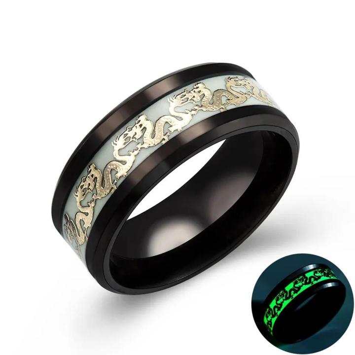 Luminous Plated Ring Dark Golden Dragon Inlay Green Background Fashion ...
