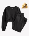 Winter Crop Top Sweatshirt And Trouser Casual Loose Fleece Pullover Tracksuit For Women And Girls. 