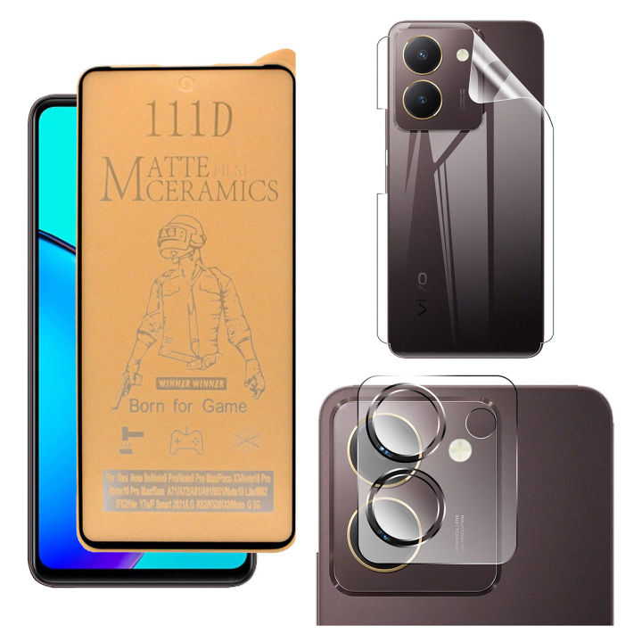 Vivo Y27s Hybrid film 9D/11D/21D Ceramic Matte Temper Fiber Nano Protector PUBG Gaming Unbreakable Anti-shock Sheet Glass + Transparent Hydrogel Film Clear Back Jelly Soft Protection Film Protector + 9H Back Camera Protector Gorilla Flexible For Y27s