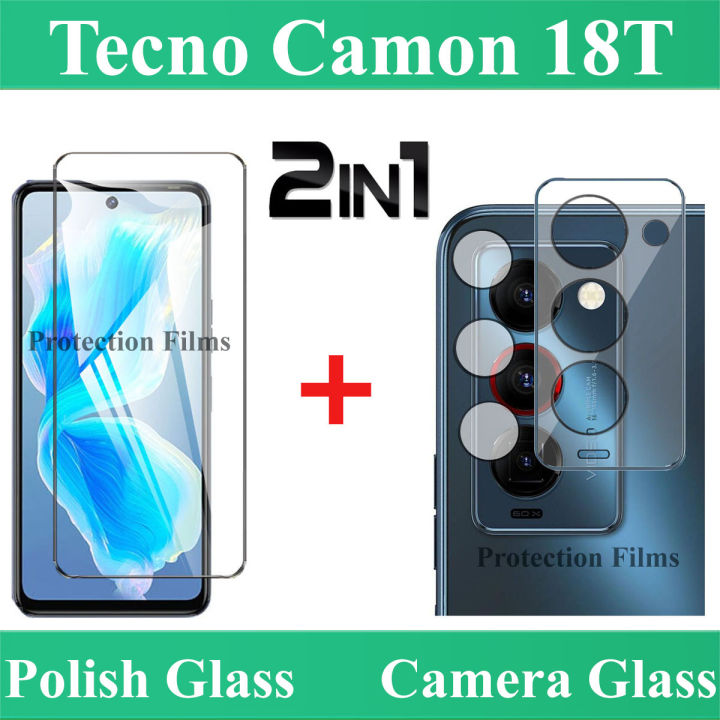 2 in 1 Tecno Camon 18T Tempered Glass Screen Protector 2.5D Polish Glass + 9H Flexible Camera Glass Lens Protector Unbreakable Nano Glass For camon18t - Transparent