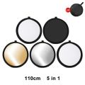Photography with the 43"/110cm 5-in-1 Collapsible Light Reflector - Multi-Disc Round Kit with Bag, Featuring Translucent, Gold, Silver, Black, and White Surfaces for Versatile Studio and Outdoor Lighting. 