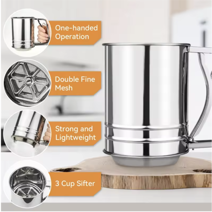 Stainless Steel 3 Cup Flour Sifter Hand Crank Sieve Double Fine Mesh ...