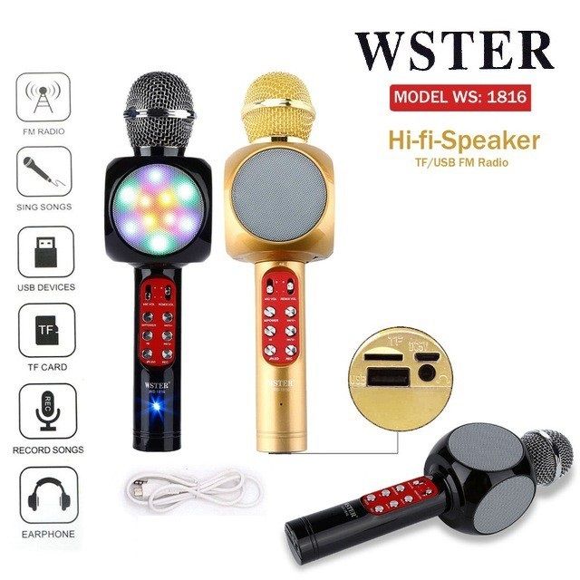 WS-1816 Wireless Bluetooth Karaoke Microphone Speaker Player Home KTV for Phone with Wester Mic  Bluetooth Speaker, Home KTV Party Microphone with LED Lights, Portable USB Speaker Home KTV Play Handheld Mic for All Smartphones