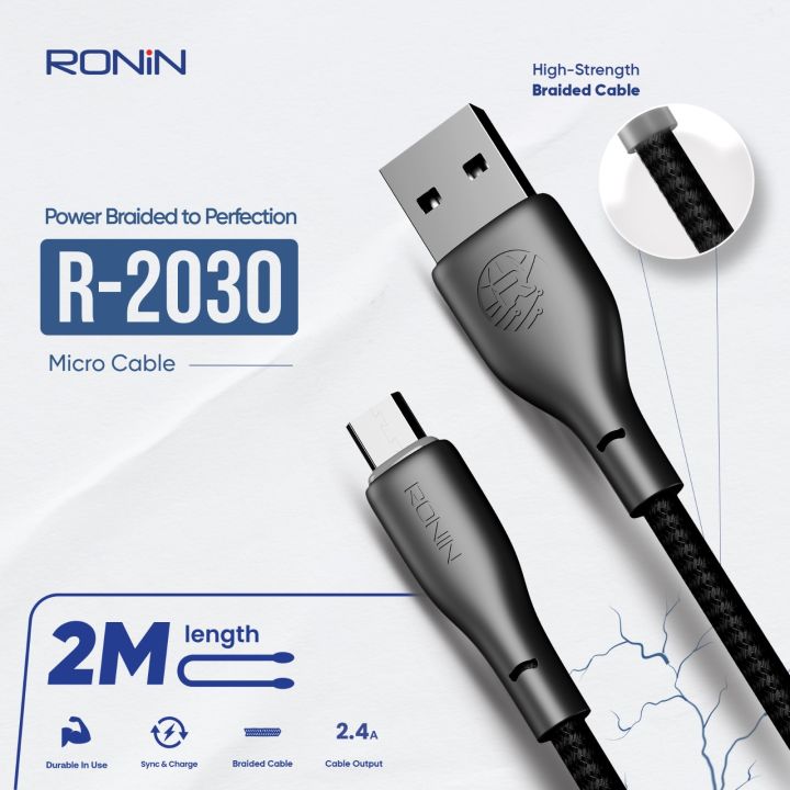Ronin Long length Android R-2030 Micro USB Cable 2m length | Braided wire | 2.4Amp