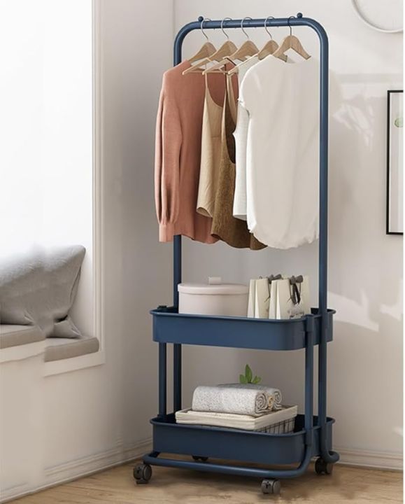 Floor Standing Clothes Rack, Household Clothes Rack with Wheels And 2 Baskets,Multipurpose Organiser Shelf for Bedroom Laundry Rolling cart for Garment Storage and Garment Laundry Use - Random Color