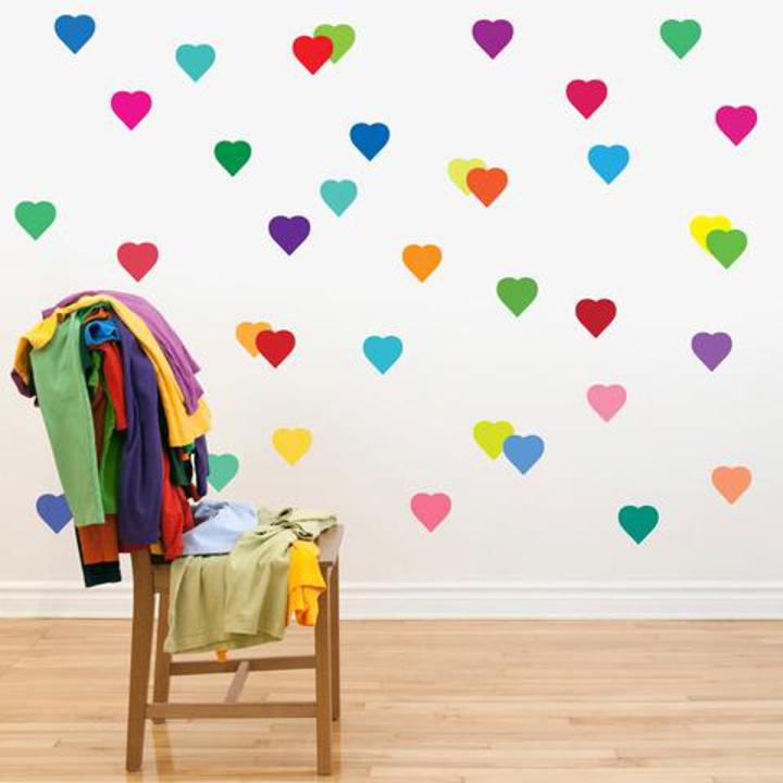 55 RAINBOW CONFETTI HEART WALL DECALS 3 INCH EACH