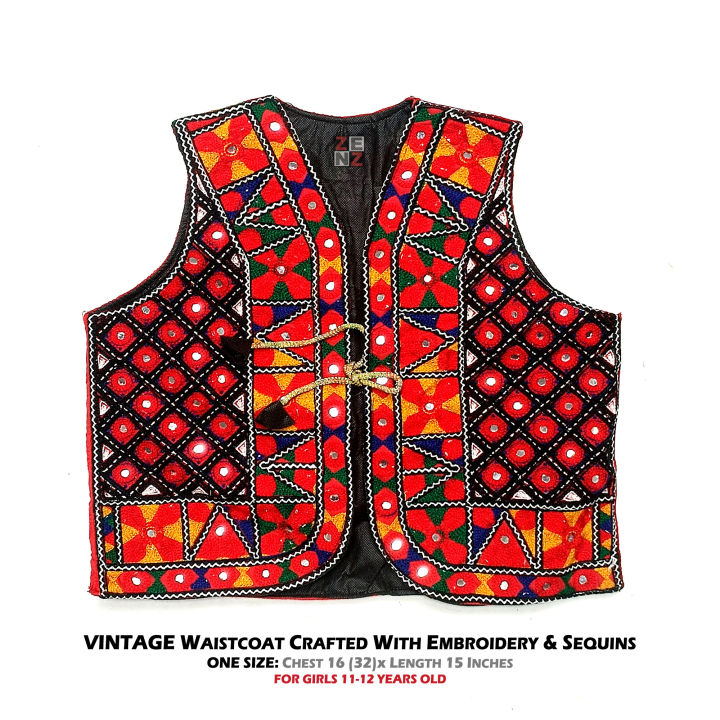 ZENZ Pakistani Traditional Wear Vintage Waist Coat Koti Waistcoat Jacket crafted with Embroidery & Sequins Size 16(32) Chest x 15 Length Inches