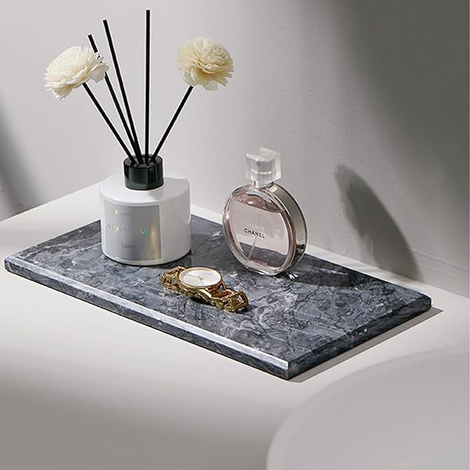 Natural Marble Tray for Bathroom, Vanity, Dresser, Counter or Home Decor, Noble Decorative Tray for Candles, Perfumes, Jewelry, Plants, Jet Black Marble,
