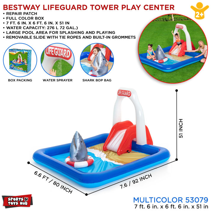 Bestway 53079 Inflatable Lifeguard Slide Tower Play Center For Kids Swim_Pool Will Make Your Backyard The Hangout Spot For The Summer Play Swimming Pool Outdoor, Inflatable Water Island 2.34m X 2.03m X  1.29m