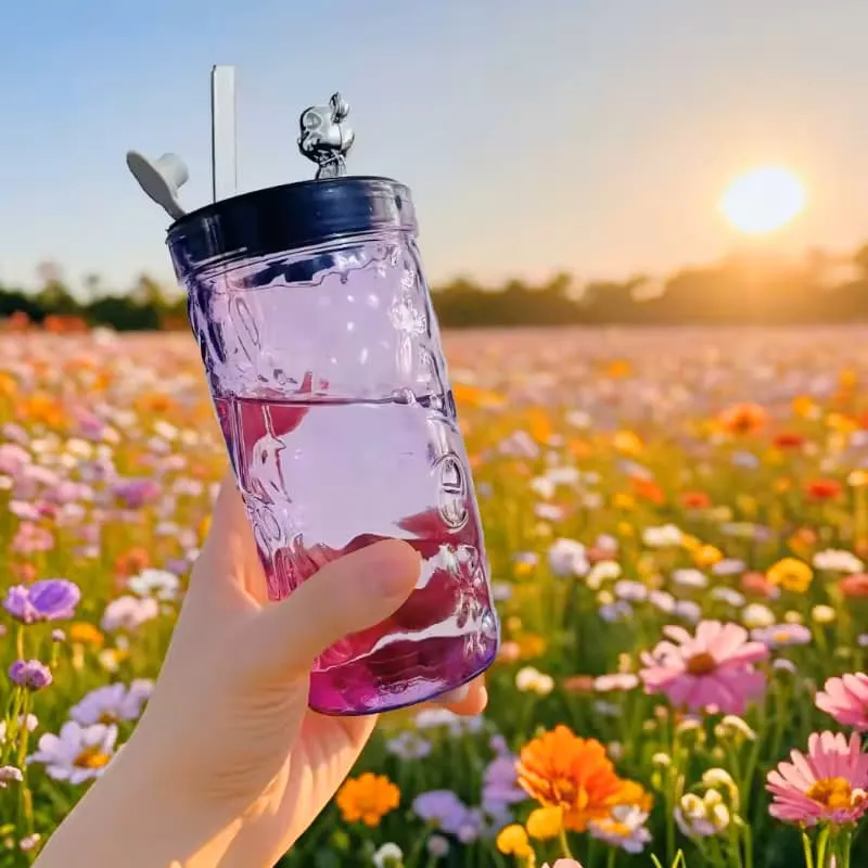 Bear Glass Cup with Lid & Straw