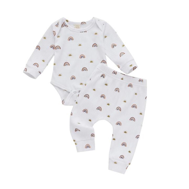 Funne eshop 2 Pcs Newborn Ribbed Outfits, Infant Rainbow & Sun Print Long Sleeve Round Neck Playsuit + Trousers