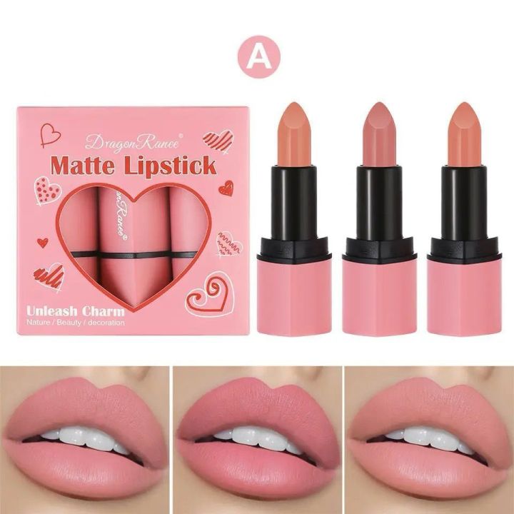 3Pcs Heart Shape Matte High Shine Lipstick Heart Shaped Velvet Smooth Lipstick Long Lasting & Waterproof