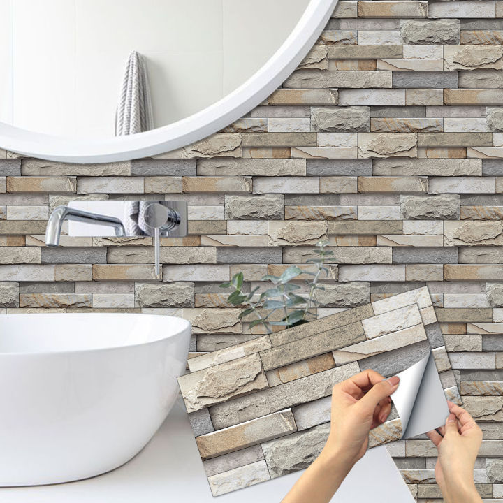 6Pcs 3D Self-Adhesive Wall Sticker 30x15cm Oil Proof Waterproof Brick Stone Imitation Brick Tile Stone Particle Wallpaper Decals