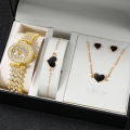Fashionable 5-Piece Quartz Watch Collection for Women - Petal Gold Timepiece with Elegant Earrings & Necklace Set. 