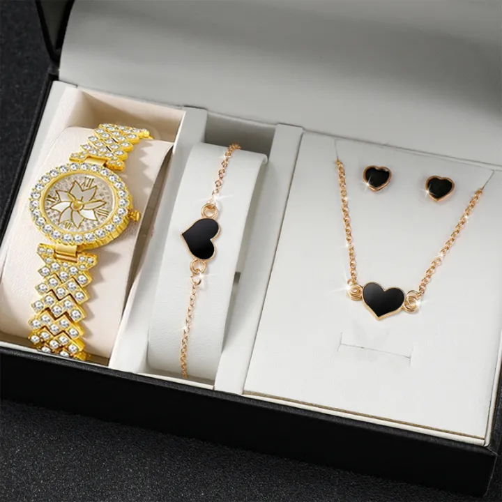 Fashionable%205-Piece%20Quartz%20Watch%20Collection%20for%20Women%20-%20Petal%20Gold%20Timepiece%20with%20Elegant%20Earrings%20&%20Necklace%20Set%20-%20Image%203