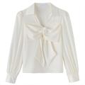 bellylady Puff Sleeve Shirts Large Bow Design Blouse, Slim Fit Lapel Colar Bottoming Shirt, Sweet Style Casual Long-sleeved Tops. 