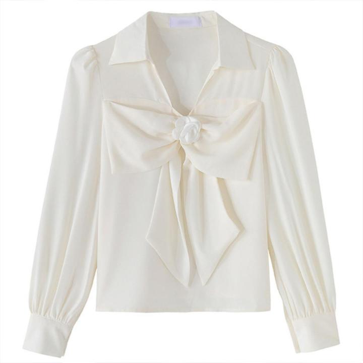 bellylady Puff Sleeve Shirts Large Bow Design Blouse, Slim Fit Lapel Colar Bottoming Shirt, Sweet Style Casual Long-sleeved Tops