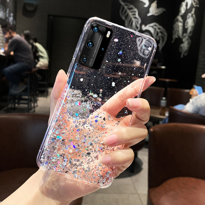 For Huawei P40 Pro Back Cover Luxury Bling Shining Gold Foil Girls Cases Space Glitter Stars Soft Silicone Mobile Phone Protective Case