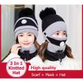3 in 1 Winter Knitted Beanie Hat Face Neck Warmer Set for Women Girls Fleece Lining Ski Caps with Pompom. 