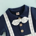 Baby Boy's Romper, Lapel Collar Short Sleeve Bow-Tied Plaid Printed One Piece Patchwork Jumpsuit. 