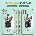 (Free Lanyard) Luxury 6D Plating Case for Realme C15 Phone Cases Hug Cartoon Bear Side Print Soft Silicone Square Back Cover. 