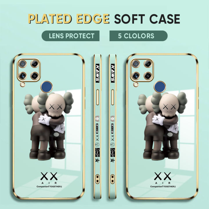(Free Lanyard) Luxury 6D Plating Case for Realme C15 Phone Cases Hug Cartoon Bear Side Print Soft Silicone Square Back Cover