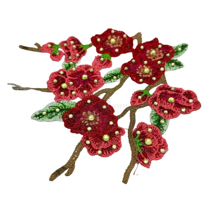 Embroidered Red Floral Applique Patch - 7 x 6 Inch (Iron-On / Sew-On)