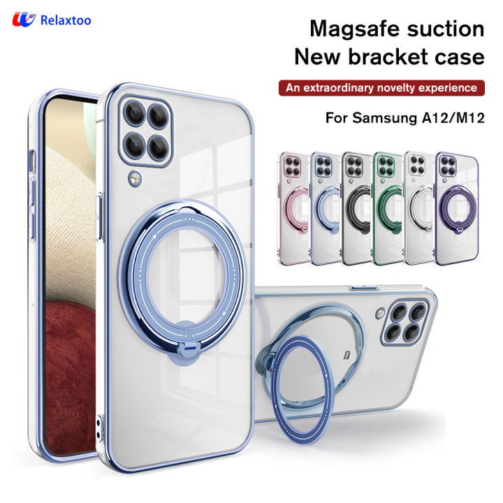 Relaxtoo For Samsung Galaxy A12 and Samsung Galaxy M12 High Transparency Magsafe Plating Rotation Bracket Cover For SamsungA12 GalaxyA12 SamsungM12 GalaxyM12 Ring Stand Ultra Thin Drop Proof Case
