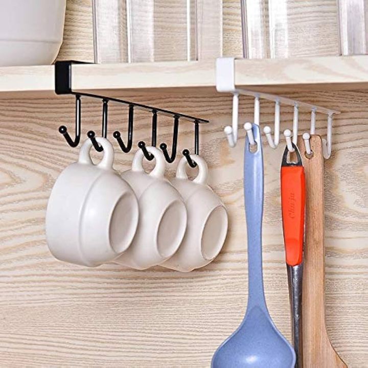 Stainless Steel Multi functional Kitchen Utensil Rack with 6 Hooks (White)