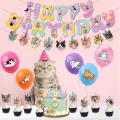 PinShang Cat Birthday Party Decorations Happy Birthday Cat Head Banner Cake Toppers 12inch Latex Balloons Set For Cat Birthday Party. 