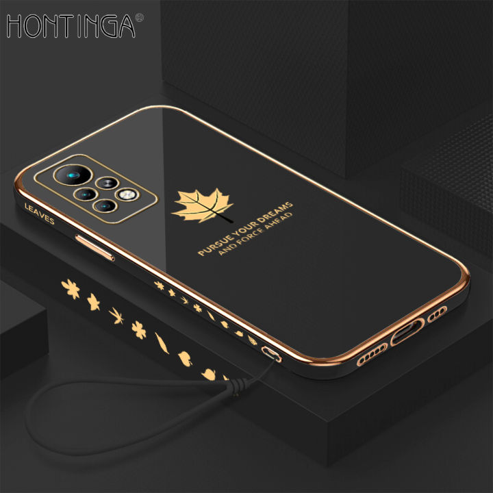 Hontinga for Infinix Note 11 Pro / Note 11S Back Cover（Free Lanyard）Luxury 6D Plating Maple Leaf Side Pattern Case Soft Silicone Square Phone Cases