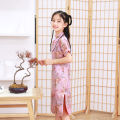Kidlove Girls Short-sleeved Cheongsam Dress Comfortable Breathable Button Collar Low Split Design Chinese Traditional Costume For School Party. 