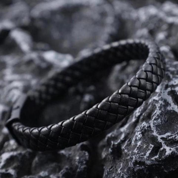 Black Bracelet Men's Braided Leather Bangle Stainless Steel Cuff Wristband magnetic flat