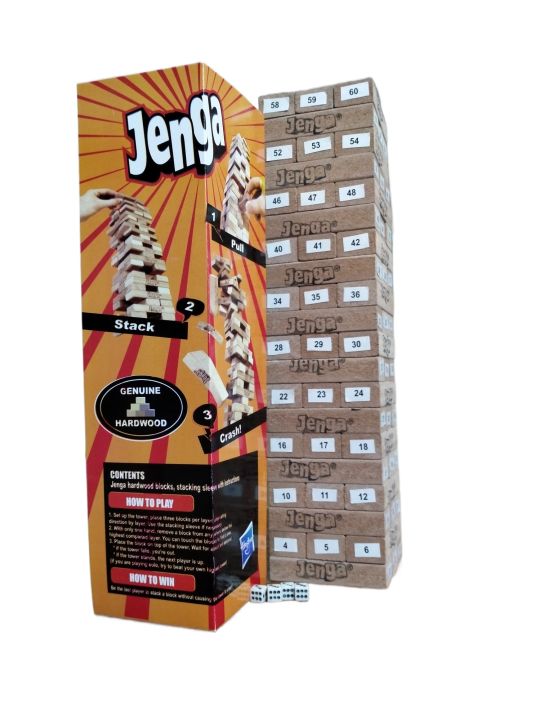 Classic Hasboro Jenga Wooden Stacking Tower with numbers and dice Game for Kids & Adults -  Hardwood Jenga Game