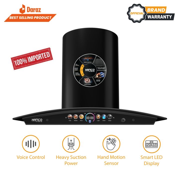 Hanco Elegant Black Range Hood with Voice Control, Hand Motion Sensor, LED Touch Display, Advanced Auto Cleaning, Heavy Suction Power, 1 Year Warranty - Chimney Sizes 24/27/29.5/35.5 Inch