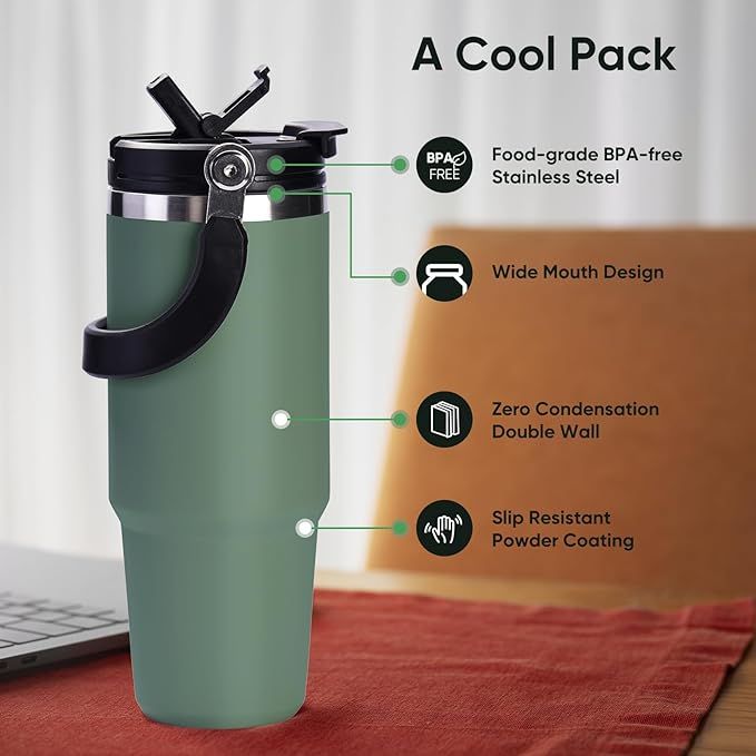 Tumbler with Straw and Lid Handle, 900ML Stainless Steel Coffee Mug, Travel Mug Vacuum Insulated Coffee Cup, Leak Proof Double Wall Insulated Coffee Car Cup for Hot Iced Drinks Proof Hot cold Water Bottle Tumbler Fit Car Holder