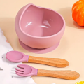 3 pcs  Bpa Free Silicone  Baby Feeding Set Learning Dishes Suction Bowl Set Wood Spoon Non-slip Silicone Bowl and spoon for Baby Bowl  - Buy Silicone Bowl And Spoon , BPa Free Silicone Baby Feeding Set Baby feeding  Set , Baby Bowl. 