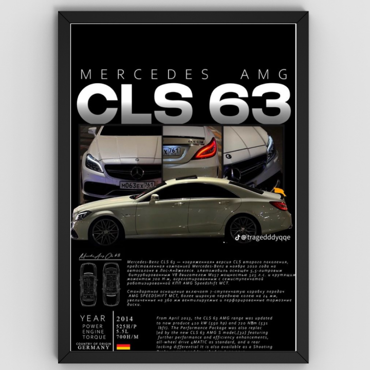 White Mercedes-Benz CLS 63 AMG Artwork | German Technology Specs Poster | High Quality Crystal Glass Frame | Luxury Sports Sedan Wall Art | Premium Automotive Artwork | Aesthetic Room & Garage Decor | Gift for Car Enthusiasts