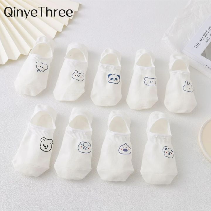 【Top mobile】New Summer Women's Hot Stamping Stick Figure Cute Face Panda Elephant Rabbit Combed Cotton White No-Show Socks