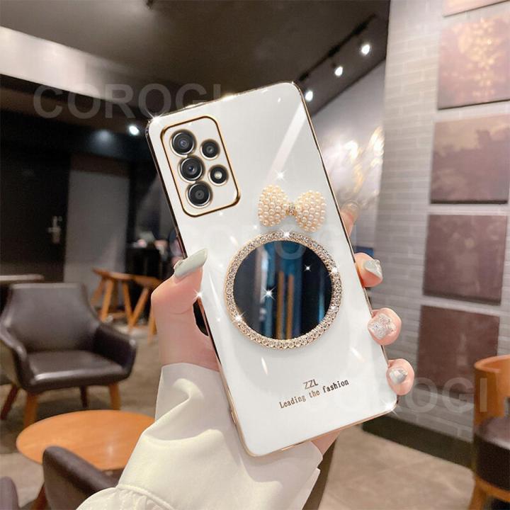 For Samsung Galaxy A33 5G Back Cover Bowknot Makeup Mirror Luxury 6D Plating Frame Shiny Cases Soft Silicone Square Protective Mobile Phone Case for Girls