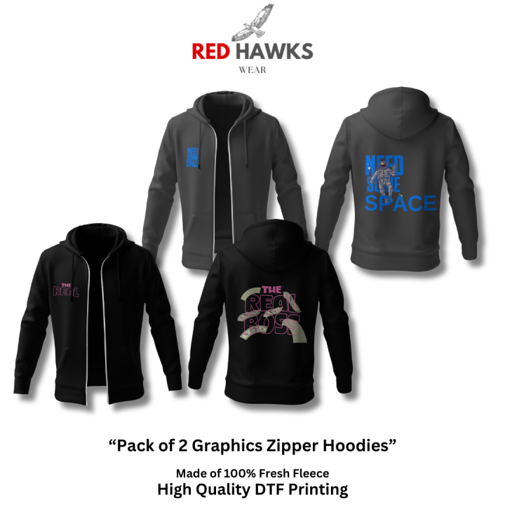 Red Hawks Wear Pack Of 2 DTF Printed Zipper Hoodies for Men | Men's 100% Original Graphic Hoodie | Premium Soft Breathable Winter Hoodie | Graphic Printed Hoodies | Stylish Jacket for Men | Free Delivery