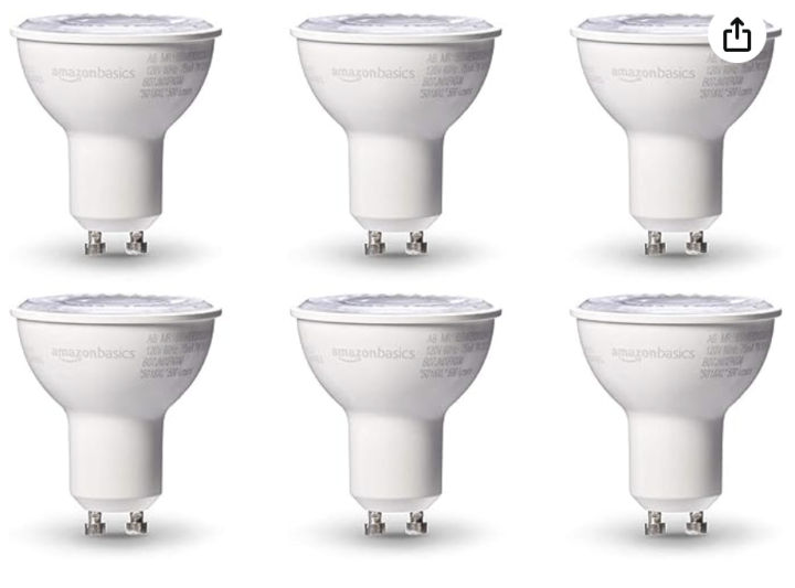 Amazon Basics 50W Equivalent, 3000K Warm White, Dimmable, 10,000 Hour Lifetime, 5 Watt MR16 (GU10 base) LED Light Bulb, 6-Pack