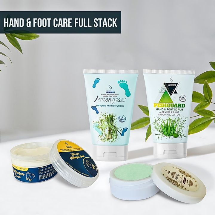 SilverSea  Hand and Foot whitening Kit Pack of 4: Hand Foot Repairing Cracked heels Cream, Aloe Vera Scrub, Lemongrass Mask, Hand Foot Lightening cream, manicure and pedicure treatment kit, Heal damaged skin