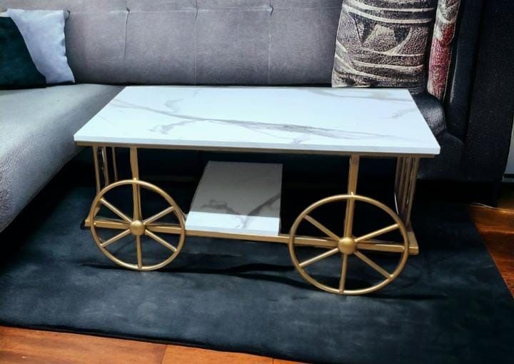 Center Table Coffee Table for Drawing Room – Stylish Modern Table with Open Storage, Golden Metal Frame & PVC Top