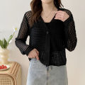 Hollow out design with ice silk and thin sun protection jacket for women's lazy summer knitted cardigan top. 